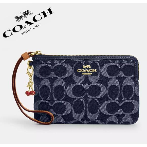 🍒 Coach Corner Zip Wristlet In Signature Denim - Picture 1 of 12